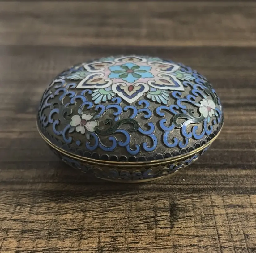 Vintage Chinese Cloisonné Trinket Box Round Floral Enamel Lidded Bowl