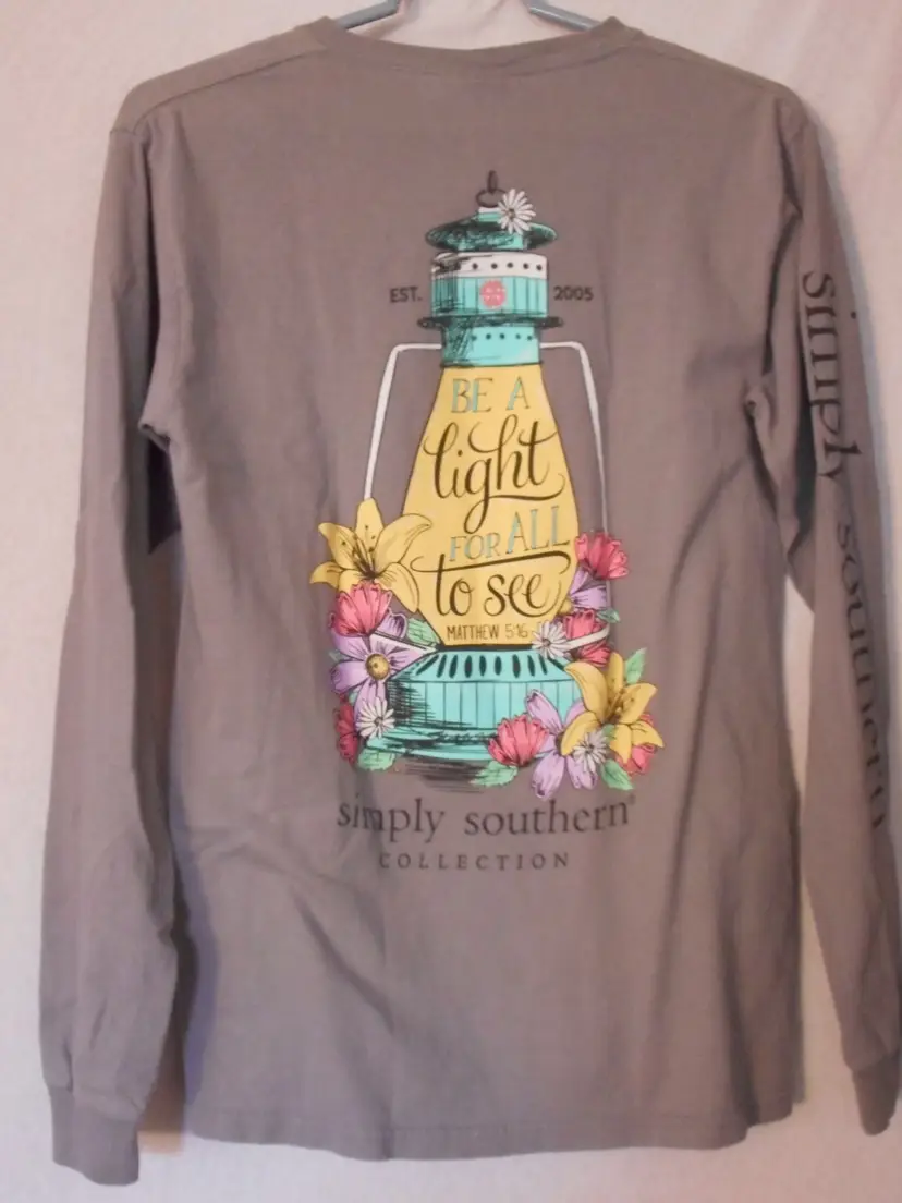 Simply Southern Grey Graphic Tee T-Shirt cotton Sz S Lighthouse Long sleeve