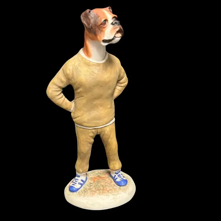 #01 Robert Harrop “Country Companions” Boxer Dog in Brown Tracksuit – Hand-Painted Resin Figurine, Signed, w/ Label- 5.5” Tall, 2.5 Wide-