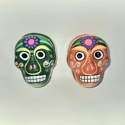 Talavera Dios de los Muertos Halloween Skull Trinket Boxes Redware Handpainted Mexico Pair GLOWS
