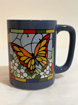 Vtg Otagiri Japan Blue Coffee Stained Glass Art Design Butterfly & Flowers