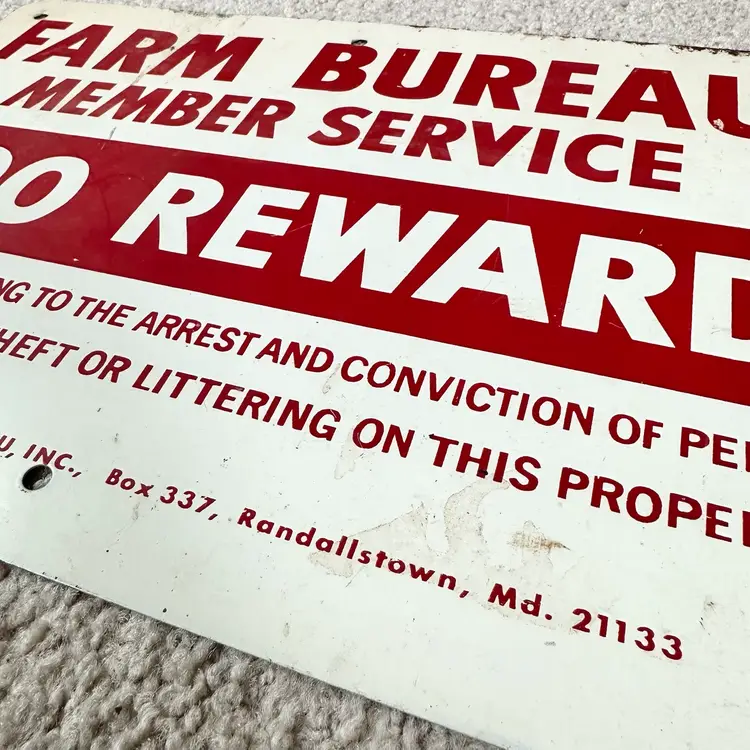Vintage 1960s Maryland Farm Bureau Member Service $200 Reward Steel Metal Sign