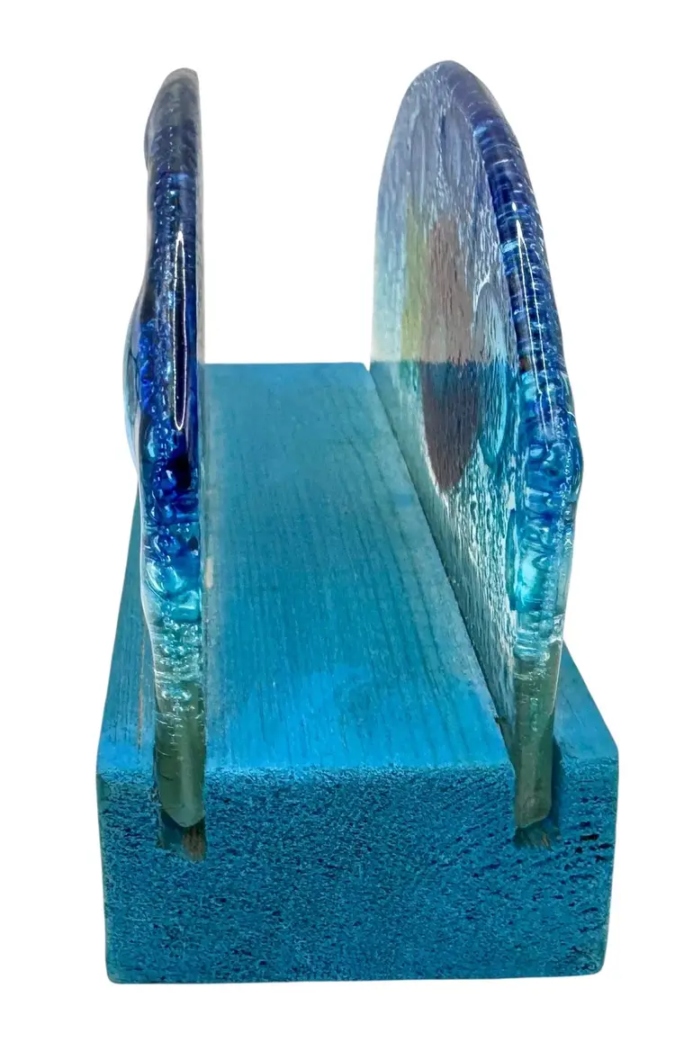 Fused Glass Wood Napkin Holder Blue Bubble Fish Red Yellow Millefiori 5.5”