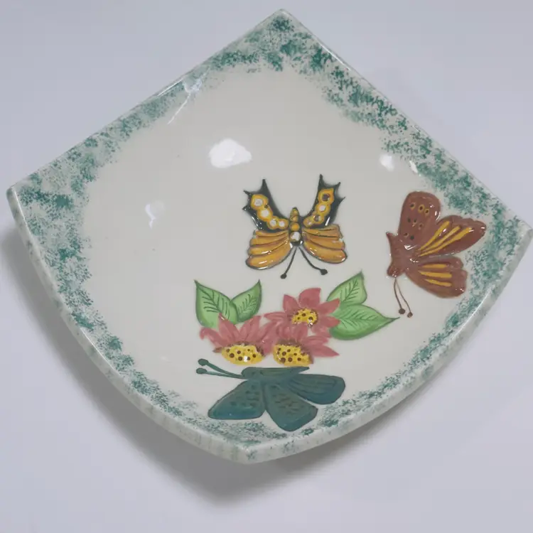 #1304 MCM Butterfly's Floral Square Ceramic Bowl Signed, Initialed