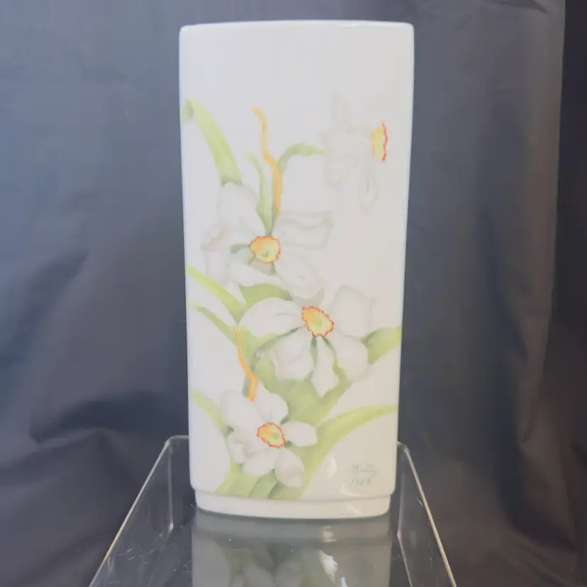 #1590 Vintage West Germany, Signed, 1987 Porcelain Vase, Gerold Porcelain Signed By Kitty White Flowers Lillies