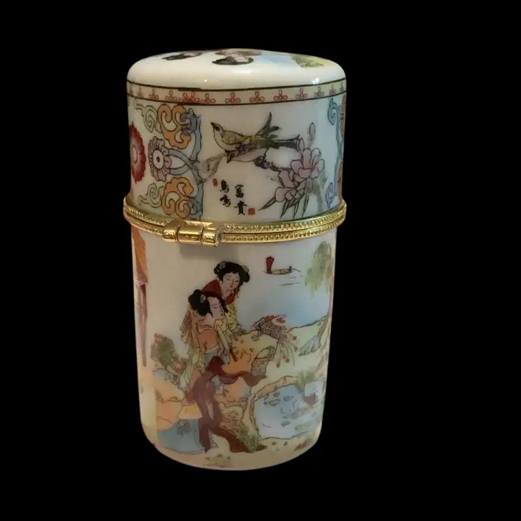 Beautiful Vintage Chinese Porcelain Cylinder Shape  Hinged Trinket Box / Pill Box / Toothpick Holder / Snuff / Etc. Multi Colored Hand Painted With Figural Garden Scene And Beautiful Floral Motif. Signed YW/ Yi Wei With Chinese Lettering, Made In China.