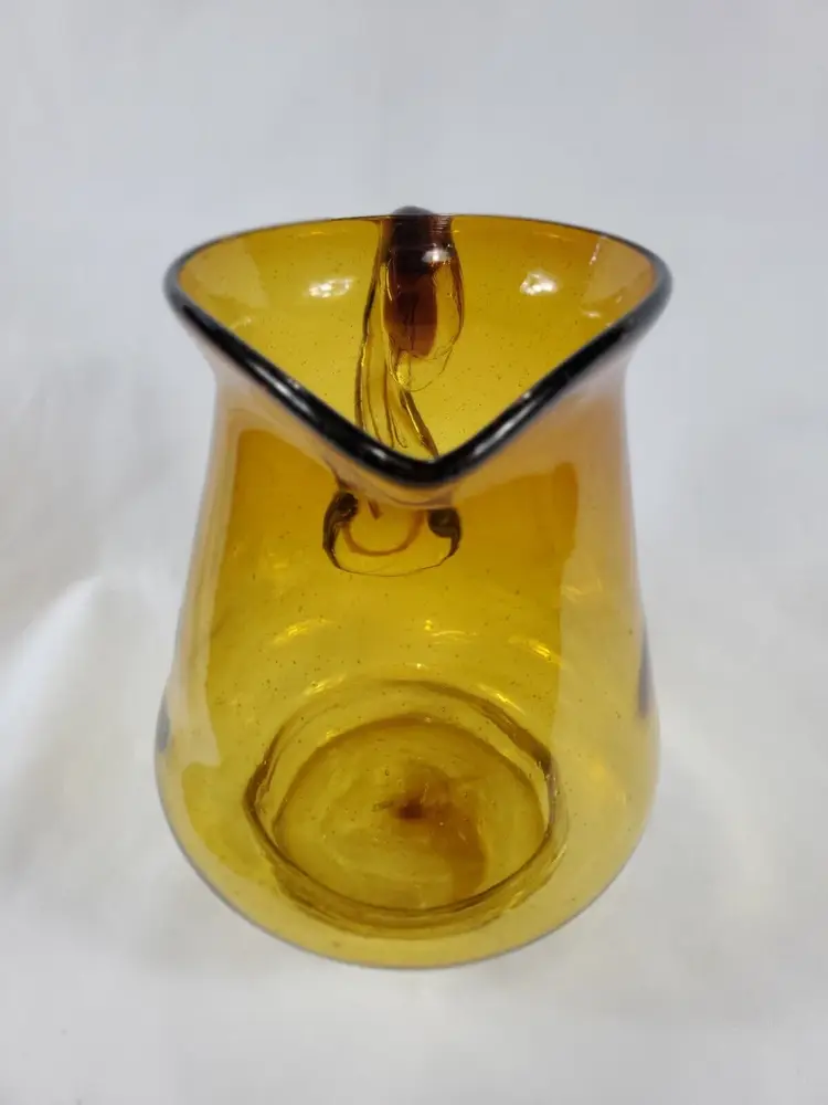 Vintage Handblown Amber Art Glass Miniature Pitcher With Handle 7 1/2"