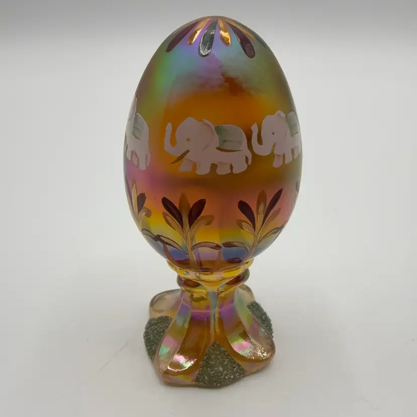 Fenton Hand Painted By J Powell Elephant Amber Iridescent Pedestal Egg 2000 LE 1643/3000