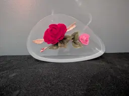 Vintage Lucite Paperweight with Felt Roses — Mid-Century Acrylic Decor, Clear.