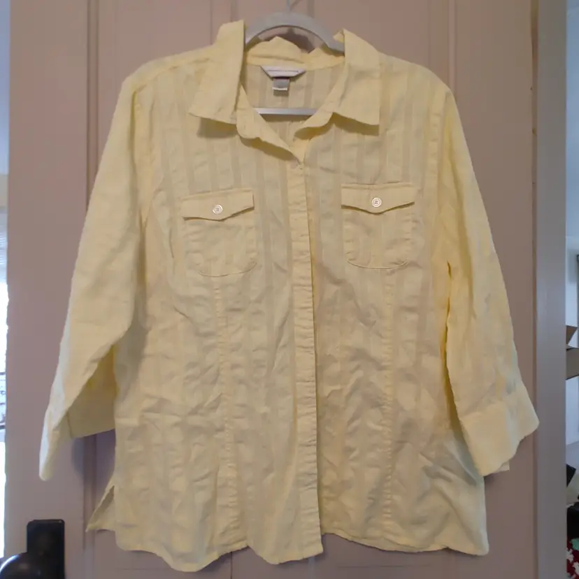 Top- Brand: Christopher & Banks. Size XL. Yellow button down top. Material- 100% cotton. No callouts.