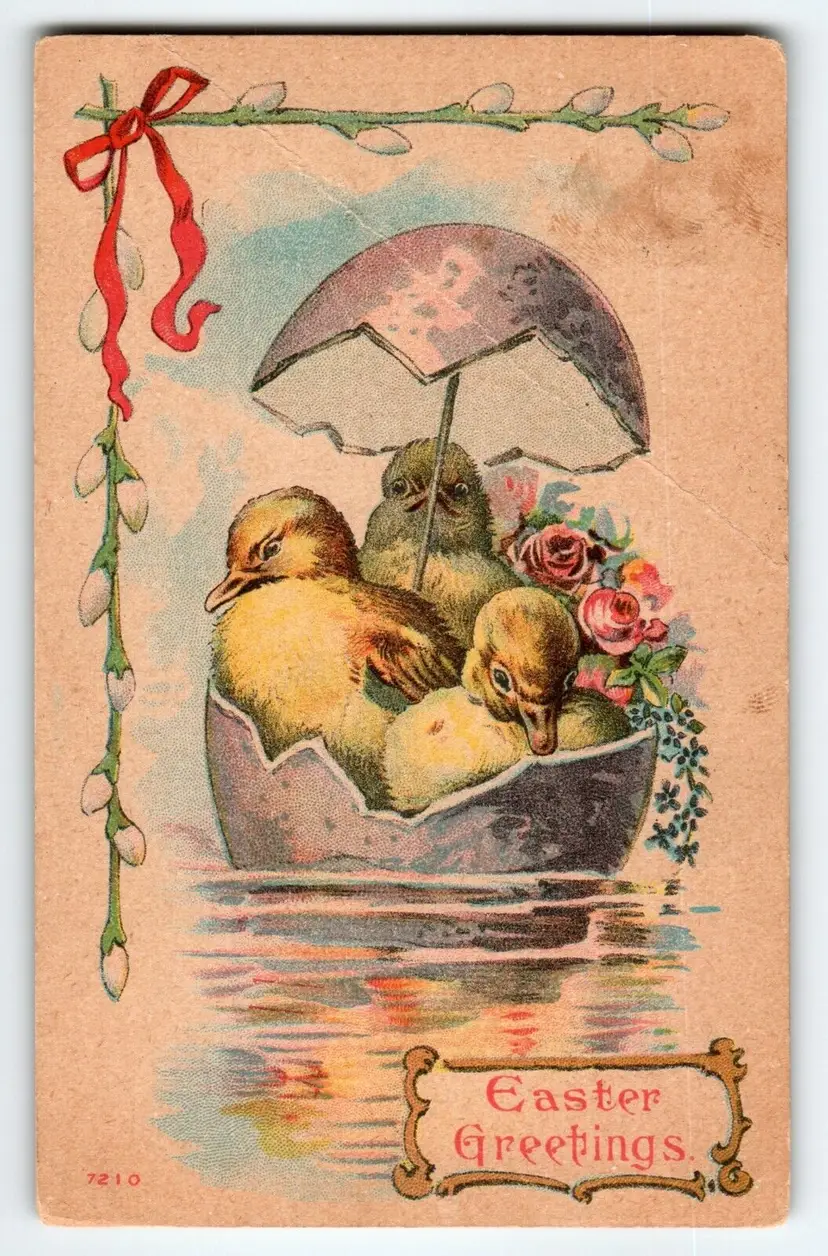 Easter Postcard Vintage Fantasy Baby Chicks In Cracked Egg Boat Holds Umbrella