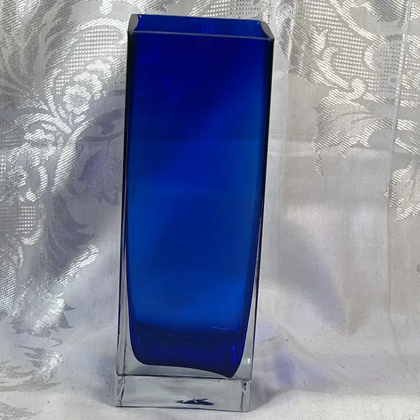 000 Vintage Cobalt Blue Square Art Glass Vase 8" X 3" X 3" Tiny Flea Bite On Rim