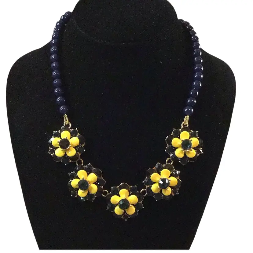 Talbots 5 Flower Yellow, Green & Navy Statement Necklace Gold - toned