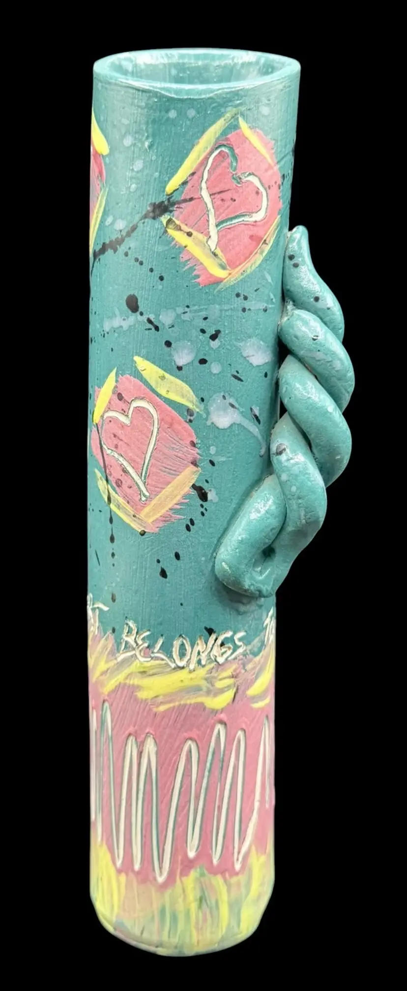 Signed HT Studio Art Pottery Vase My Heart Belongs To Her Blue Yellow Pink 10.5”