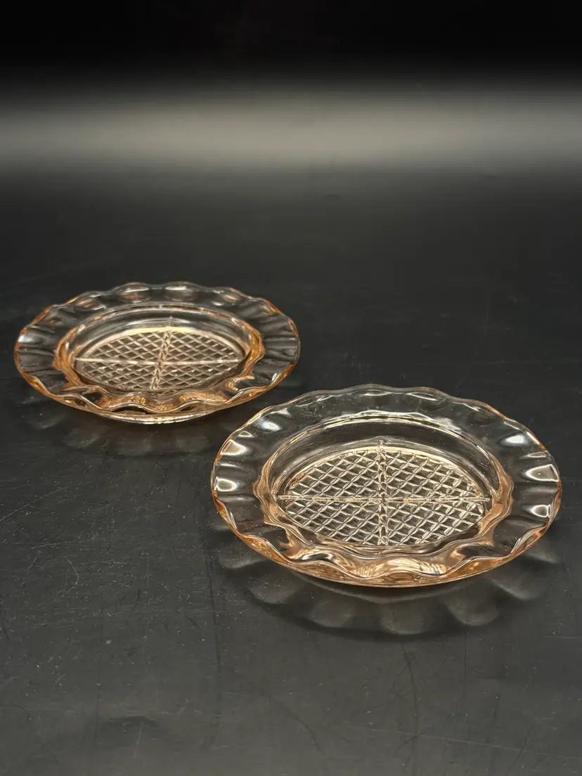 Vintage Jeannette Glass Co. "Homespun Pink" Depression Glass Coaster/Ashtray/Trinket Dish 4” Set Of Two