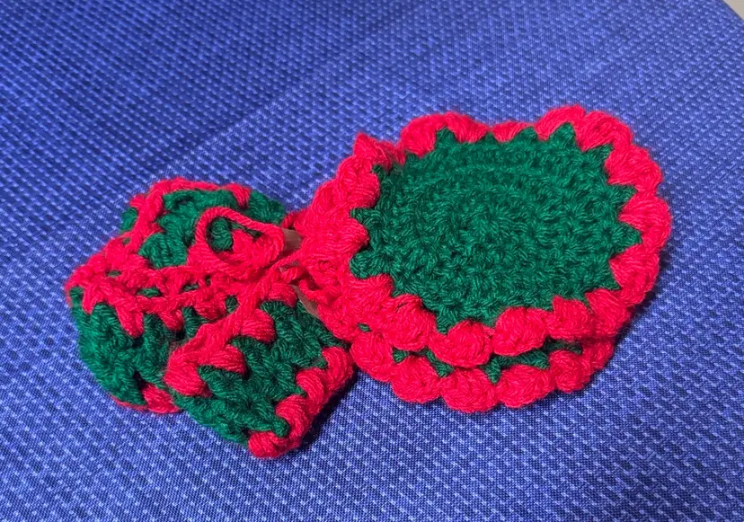 Handmade Red and Green Crocheted Coasters and napkin rings sets of 4 never used