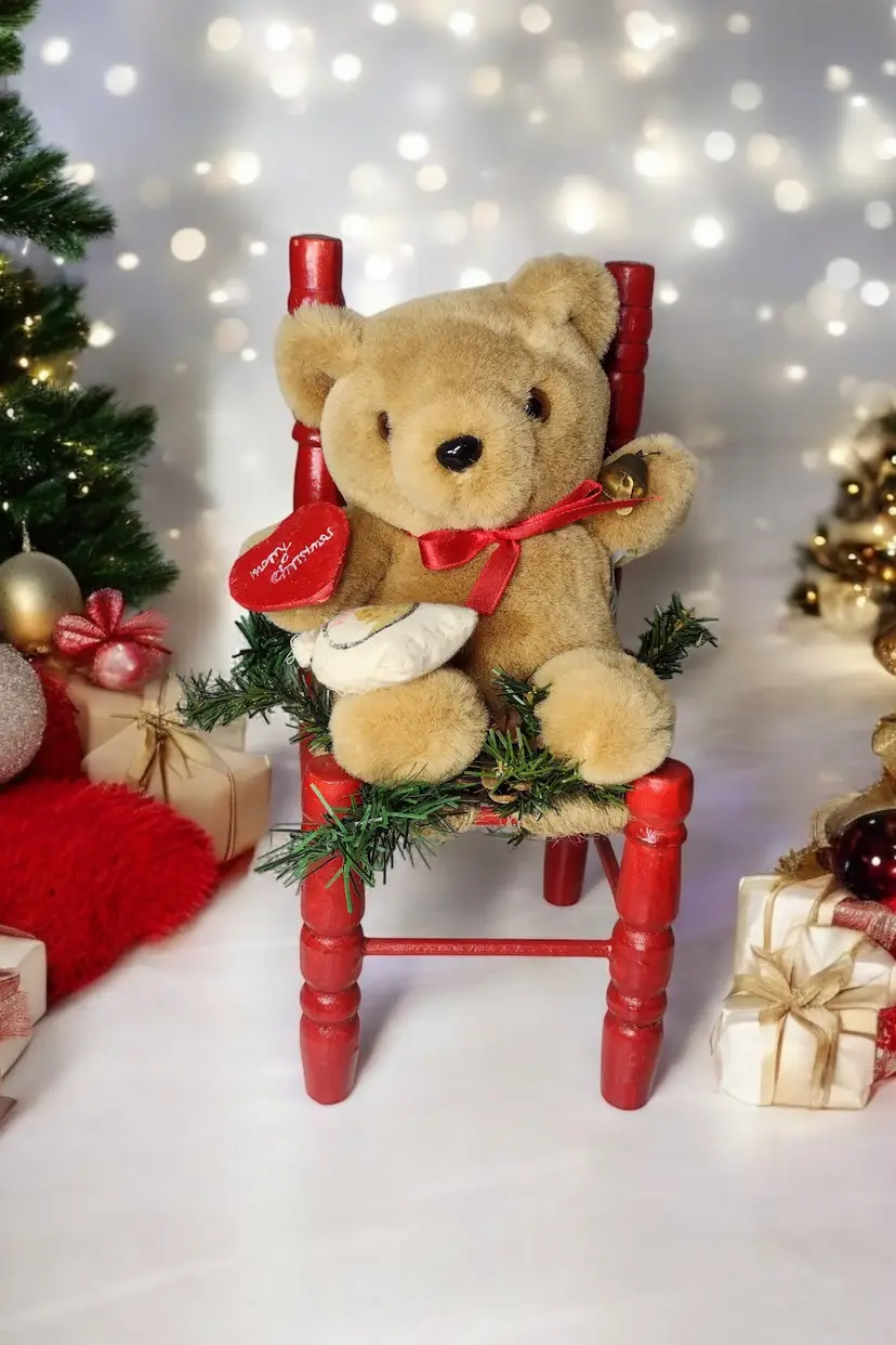 Vintage Teddy Bear Christmas Assemblage Decor Wood Chair Country Holiday