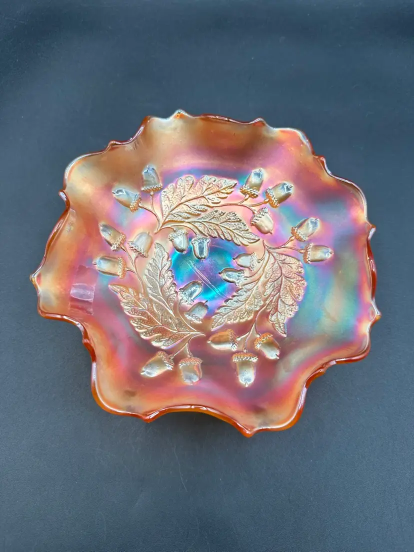 Fenton Acorn Marigold Carnival Glass Ruffled Edge Bowl 7.5”