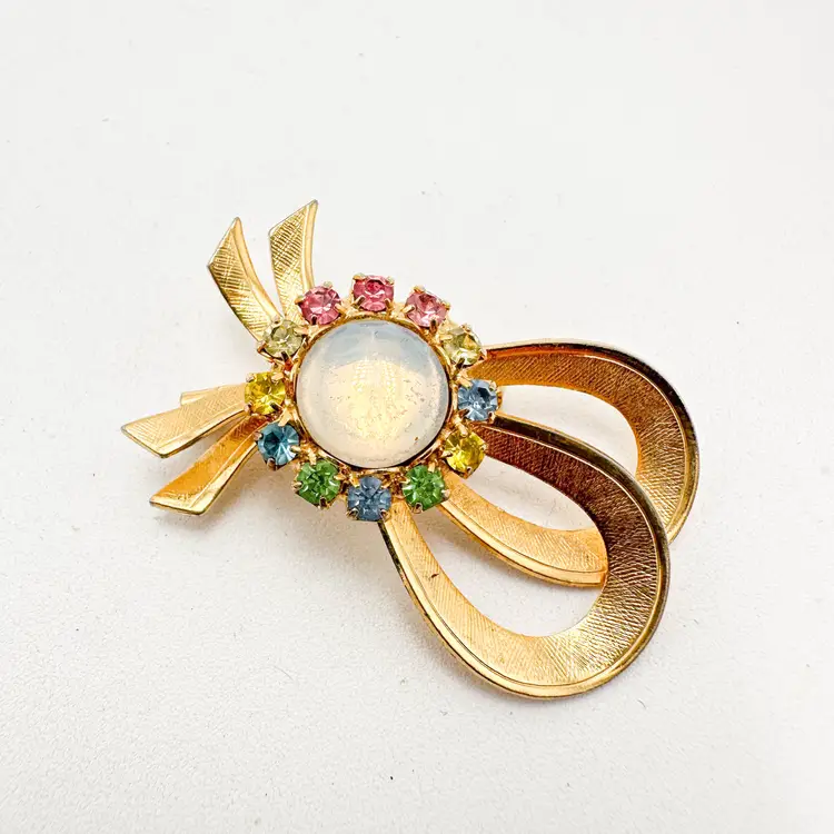 Ribbon Bow Brooch Multicolor Unbranded Gold Tone Vintage 1.75"L 1.25"W