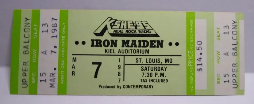 Iron Maiden Original UNUSED 1987 Concert Ticket Kiel Auditorium St. Louis Rock