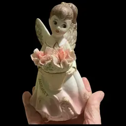 Beautiful Vintage Ardco January Birthday Angel Figurine. She Is Holding A Basket Of Pink Carnations( January Flower) Hand Painted Porcelain Collectible. Marked On Bottom As Shown In Picture , Model # C-1361 Imported From Japan By Ardco Of Dallas. Likely From 1950s / 1960s .