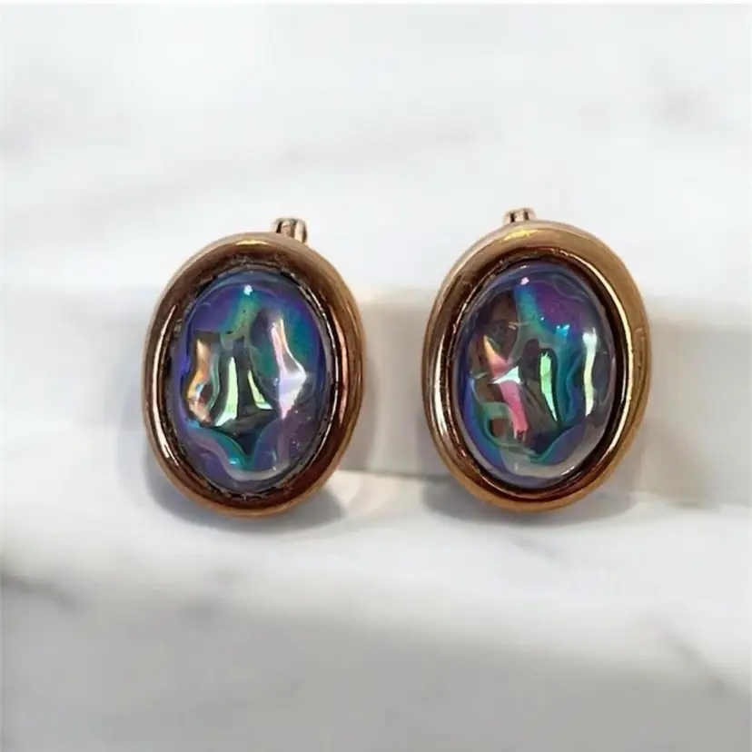 Blue rainbow vintage clip on earrings