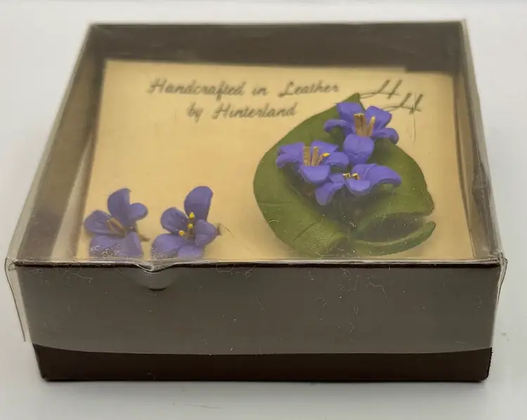 Retro Brooch & Earrings Box Set Hinterland Leather Creations NY MCM Purple Floral