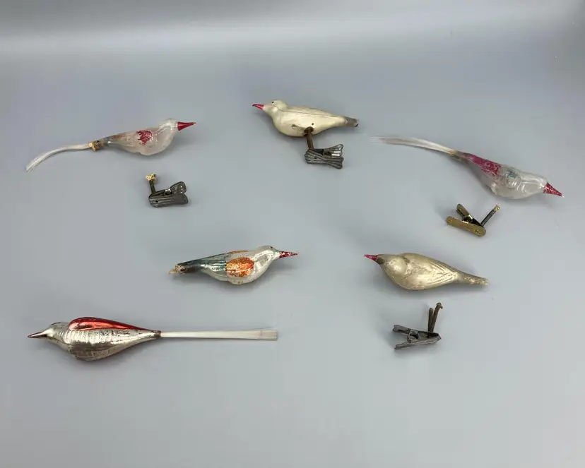 Lot Antique/VTG Mercury Glass Clip-on Bird Colorful Ornaments - Set of 6 - AS IS