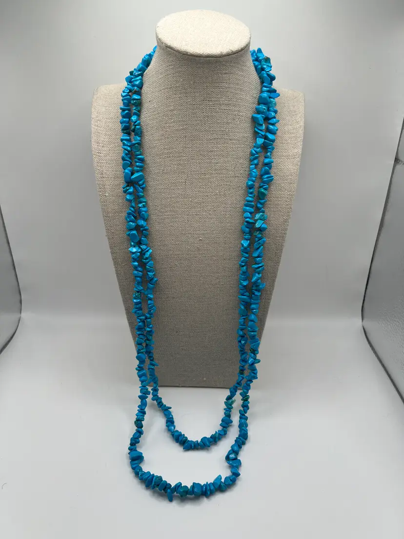 Turquoise Color Howlite Chip Necklace Long Strand 32" Boho Statement