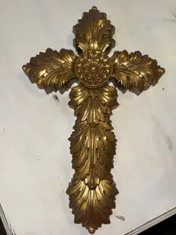 Home Interiors Wall Decor Gold Tone Cross 17.5"x11.5"