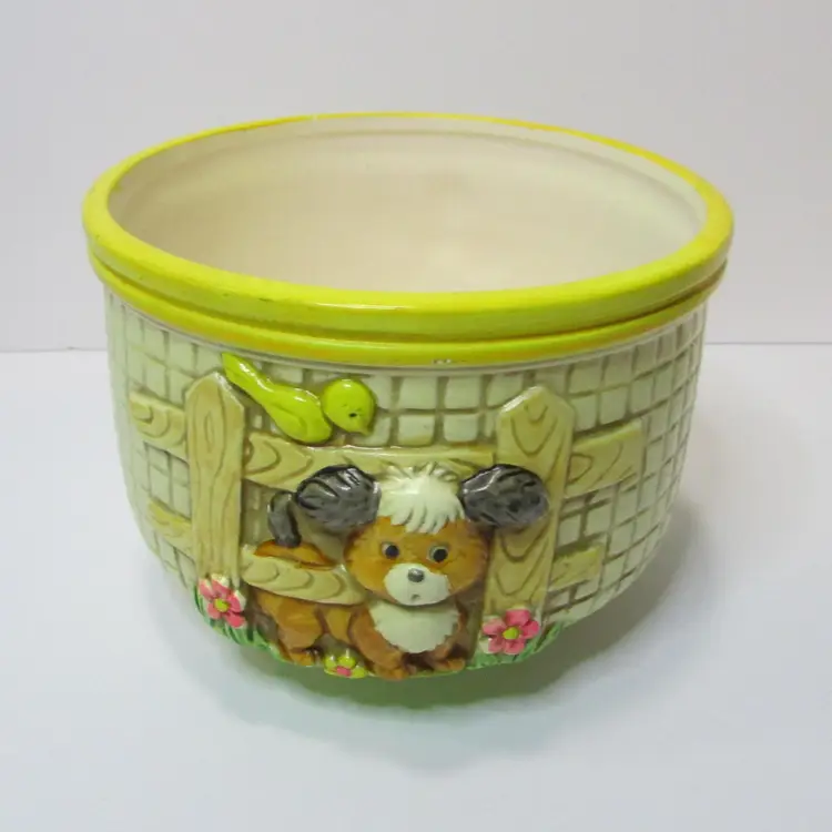 vintage D-Ann IMP 2 sided bowl planter holder dog under fence and blue bird