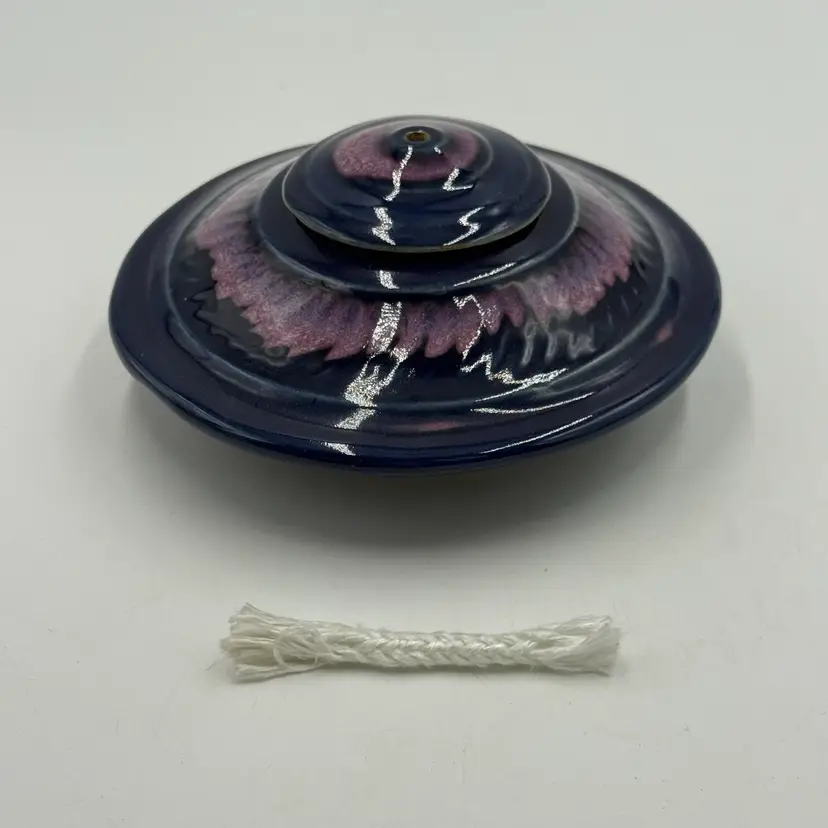 Bay Art Pottery Vintage Signed Squat Round Oil Lamp Blue Pink Drip Glaze