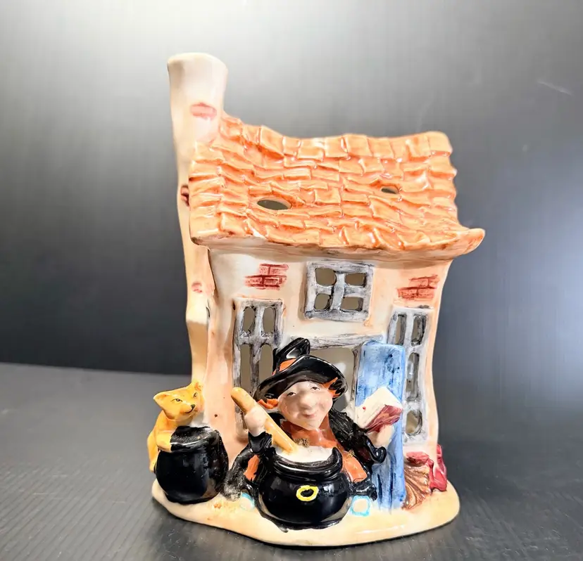 Magenta Ceramic Big “M” Halloween Decor Witch And Cottage Candle Holder