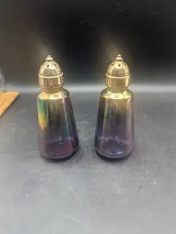 Vintage Glass Salt and Pepper Shakers with a Purple and Iridescent Finish