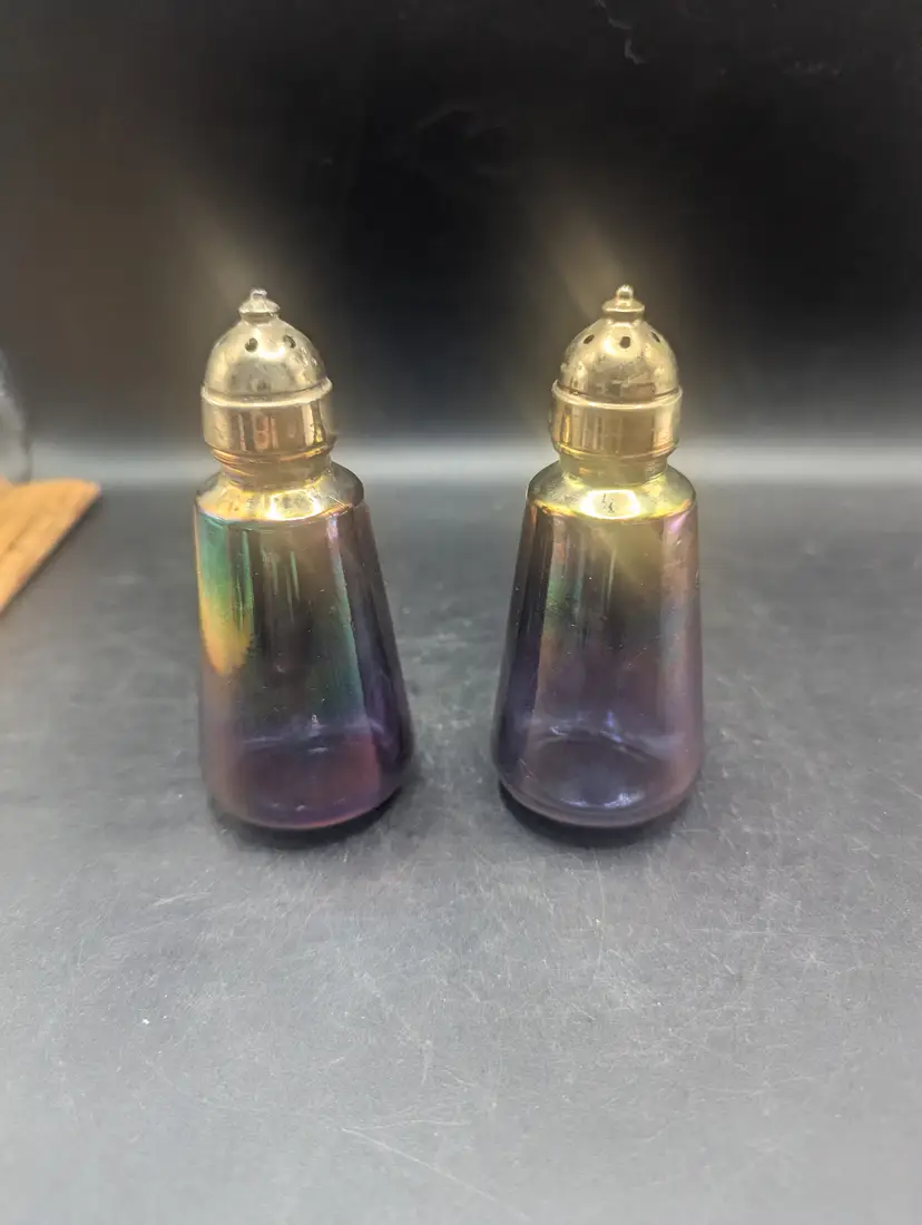 Vintage Glass Salt and Pepper Shakers with a Purple and Iridescent Finish