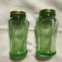 Hazel Atlas Green Uranium Shakers. Original Caps.