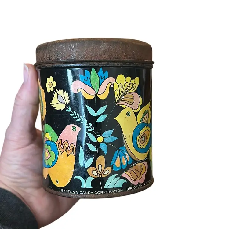 1950s Barton Candy Tin With Flower Power Birds