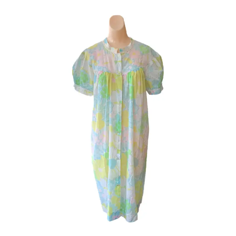 Komar Large Nightgown Housecoat Lounge Mod Blue Yellow Granny Vintage