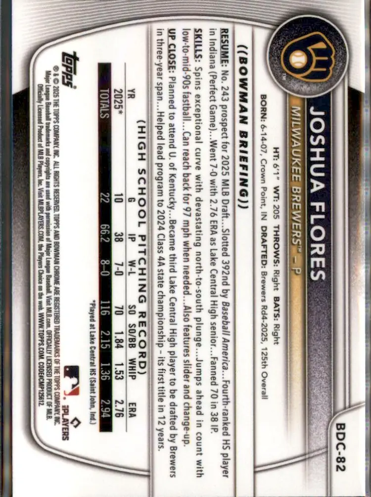 2025 Bowman Draft #BDC-82 Joshua Flores Chrome - (138) - Milwaukee Brewers