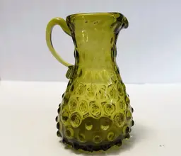 Vintage Olive Green Pitcher, Hobnail Pattern, Applied Handle w/Curl, 6" tall