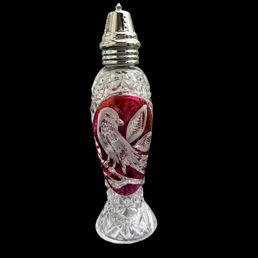 Vintage Hofbauer Salt or Pepper Shaker/From the “Byrdes Collection” in Cranberry/Clear Crystal Shaker with Silver Tone Lid. Made In Germany.  7” Tall