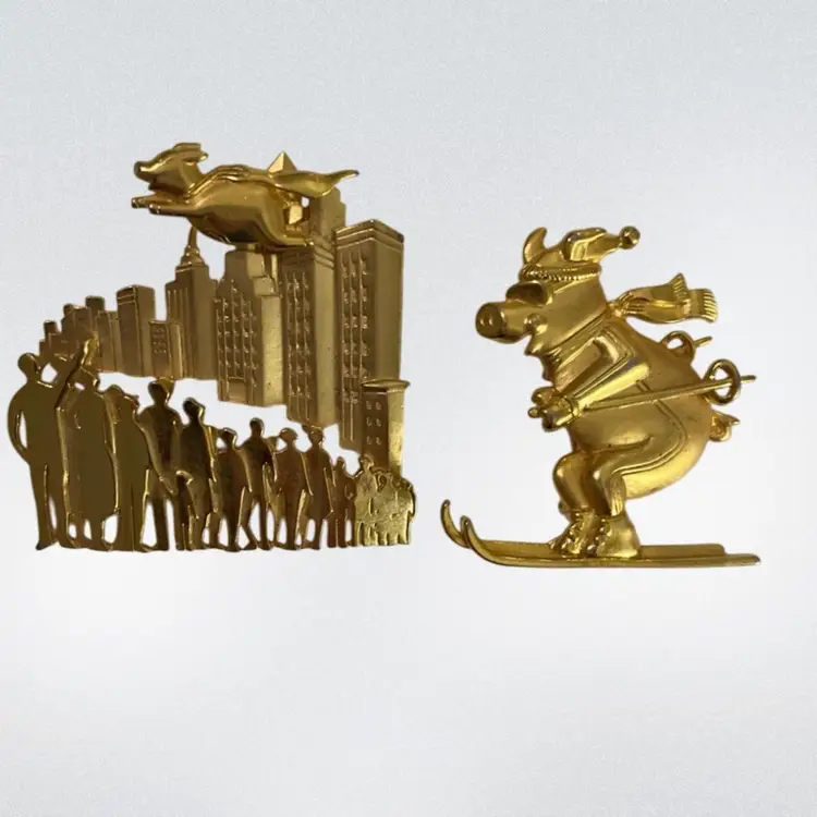 2 Vintage JJ Jonette Jewelry Skiing Pig And When Pigs Fly Brooch Pin Gold Tone