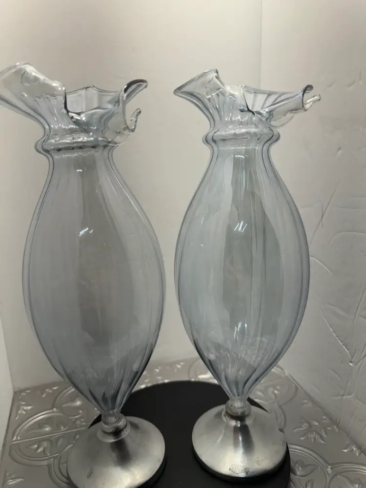 Pair of Vintage Empoli optic Ice blue hand blown jack n pulpit style vases