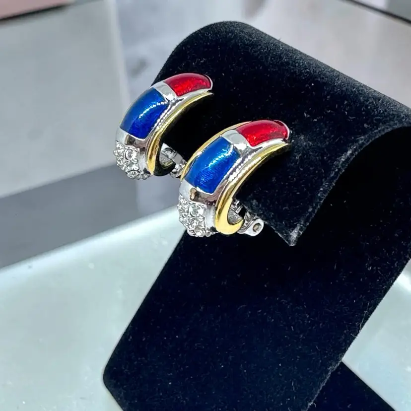 Designer Red White & Blue Crystal Rhinestone Earrings Enamel Clip On Ann Hand