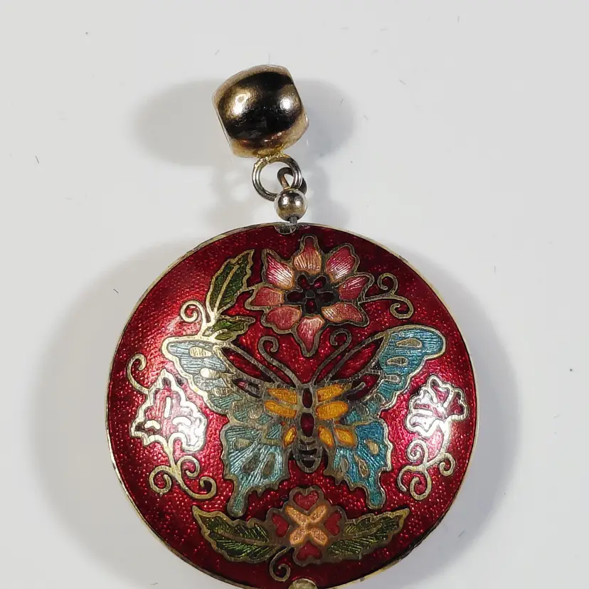 Cloisonne Vintange Red Enamel Pendant Double Sided Butterfly Flower