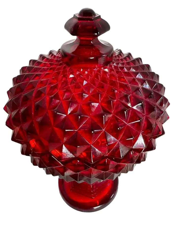 Westmoreland Diamond point Ruby red lidded pedestal candy dish /large compote with a  sawtooth edge