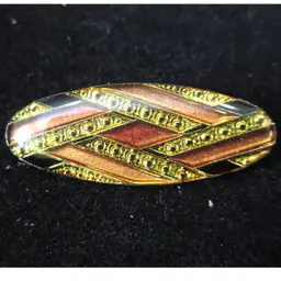 Vintage Art Deco Style Oval Silver Tone Metal Brooch Pin with Black & Brown Enamel and Amber Tinted Acrylic Coating - 1.5 Inches Long