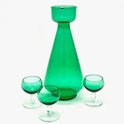 Decanter Set - Teal Art Glass Decanter w 2 +1 Matching Glasses - 12”H x 5”W