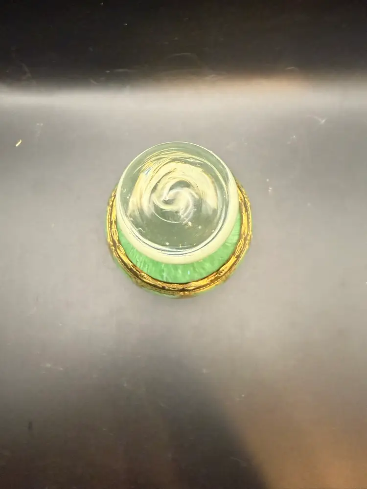 Vintage Italian Jade Glass Perfume Bottle with Gold Accents, Marked "Fatto A Mano".