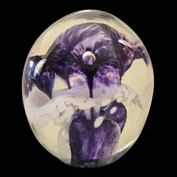 Art Glass Purple Flowers Paperweight Controlled Bubble Glass Signed Twice Wilkerson 99 3¾" Tall Vintage